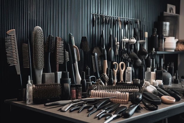A table with a variety of hair brushes and knives.
