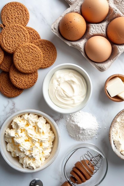 a table with a variety of ingredients including eggs cream cheese and yogurt