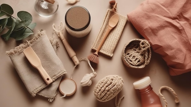 A table with a variety of kitchen items including a wooden spoon, a kitchen utensil, a towel, a bowl, a bowl, a spoon, and a towel.