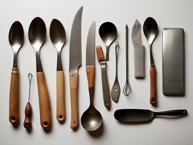 a table with a variety of kitchen utensils and knives on it