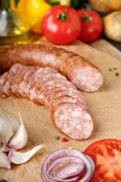 A table with a variety of sausages and tomatoes.