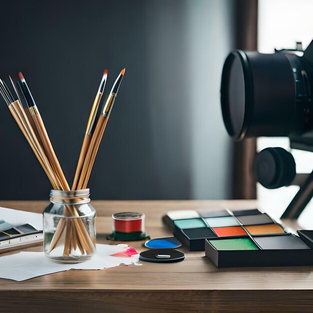 A table with various brushes, a camera, and a bottle of paint.