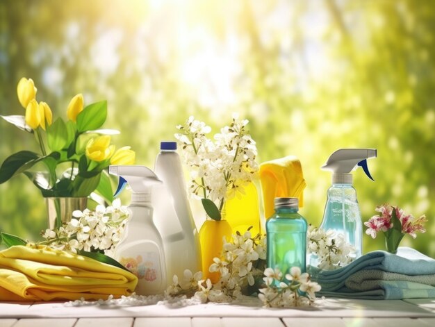 Photo a table with various cleaning supplies and flowers