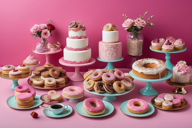 Table with various cookies donuts cakes cheesecakes and coffee cups on pink background