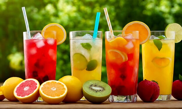 a table with various drinks including lemons lemons and limes