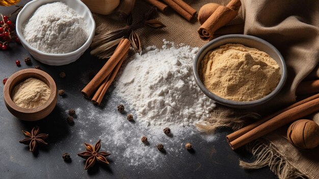 A table with various ingredients including flour