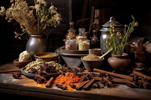 a table with various spices including a jar of nuts, and other ingredients.