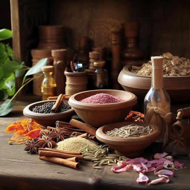 A table with various spices and spices including spices and herbs.