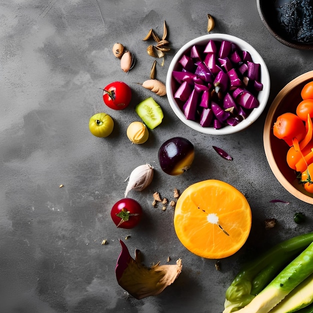 A table with various vegetables including a red cabbage, red peppers, and a bowl of red peppers.