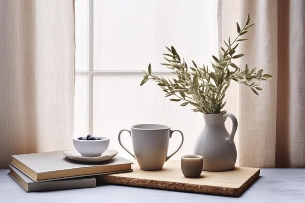 A table with a vase of blueberries and a cup of coffee on it.