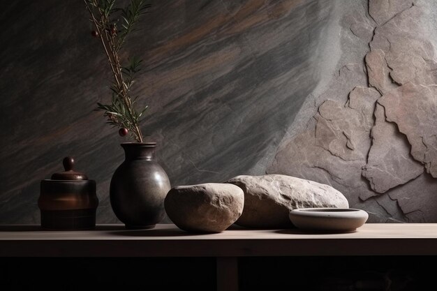 A table with a vase and breads on it