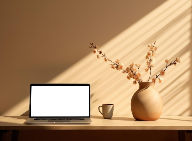 Photo table with vase and empty screen laptop on wallpaper