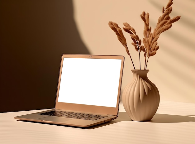 Table with vase and empty screen laptop on wallpaper