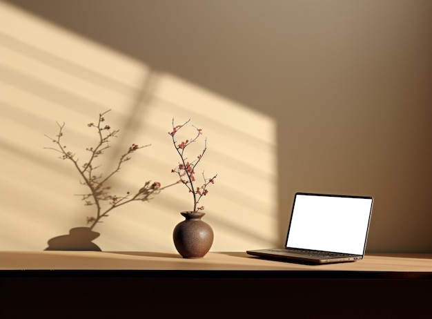 Photo table with vase and empty screen laptop on wallpaper