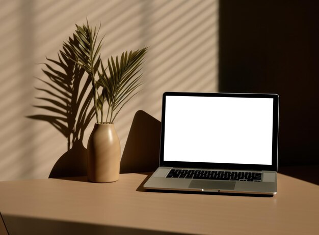 Table with vase and empty screen laptop on wallpaper