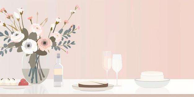 Photo a table with a vase of flowers a bottle of liquor and two wine glasses the table setting is elegant and inviting with a sense of celebration and relaxation