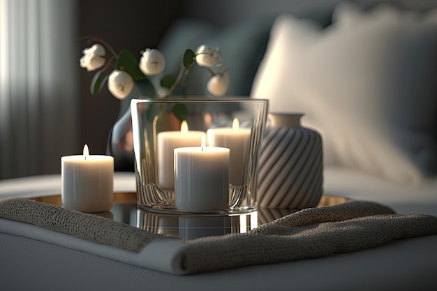 A table with a vase of flowers and candles on it