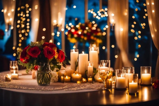 Photo a table with a vase of flowers and candles with a lit up curtain behind them