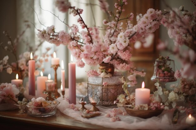 A table with a vase of flowers and candles