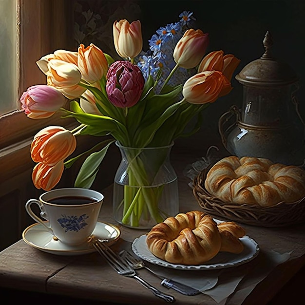 A table with a vase of flowers and a cup of coffee and a croissant.