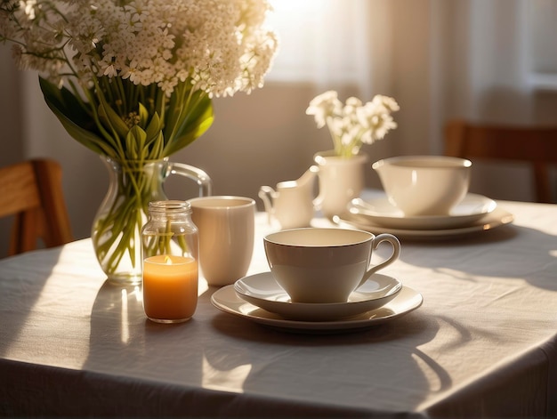 a table with a vase of flowers and a cup of coffee on it