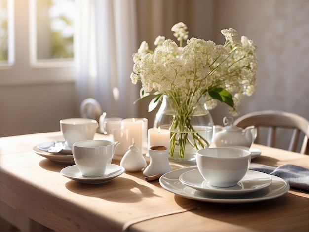 a table with a vase of flowers and cups of coffee on it