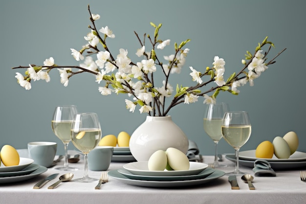 Table With Vase of Flowers and Eggs