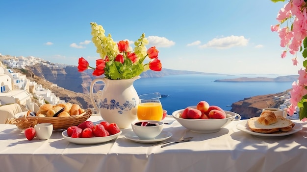 a table with a vase of flowers and fruit on it