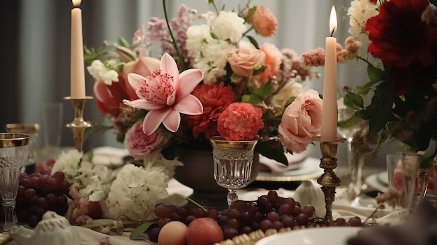 Стол с вазой с цветами и фруктами на Пасху