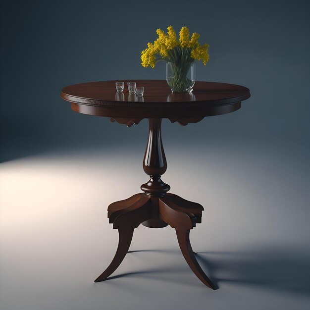 A table with a vase of flowers on it and a glass of water on the table.