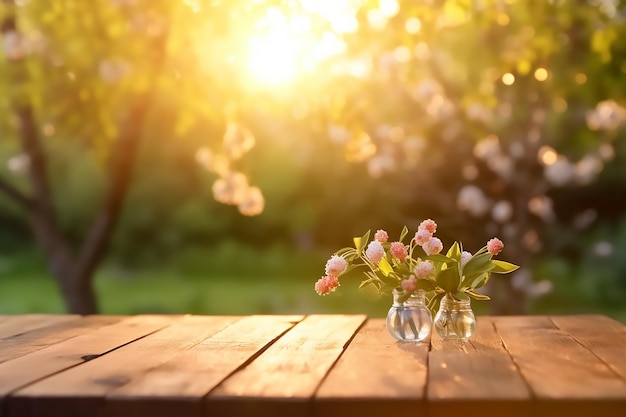 Table with a vase of flowers on it with a background of trees and a sunset