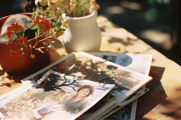 Photo a table with a vase of flowers and photos on it