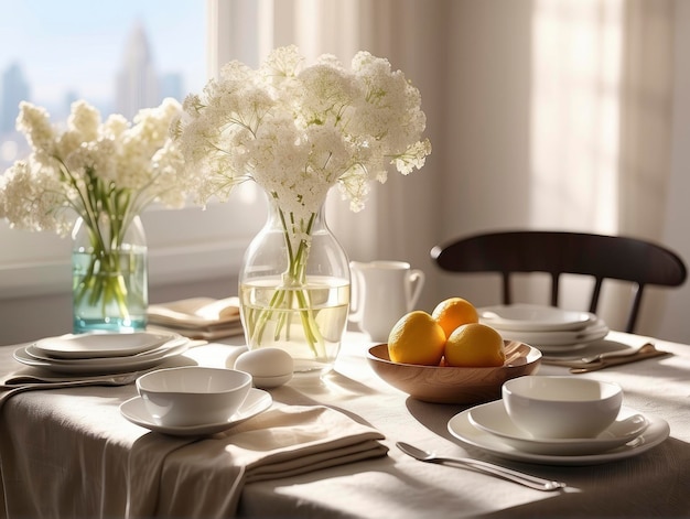 a table with a vase of flowers and plates and bowls of fruit