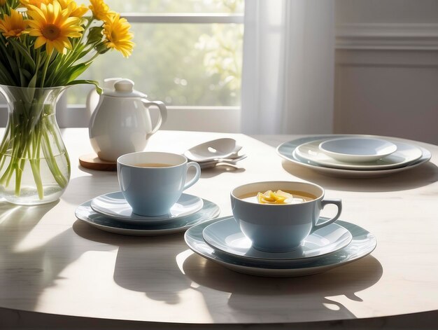 a table with a vase of flowers and plates and cups of coffee