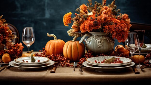 a table with a vase of flowers and plates of food