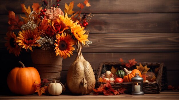 Photo table with vase of flowers and pumpkins