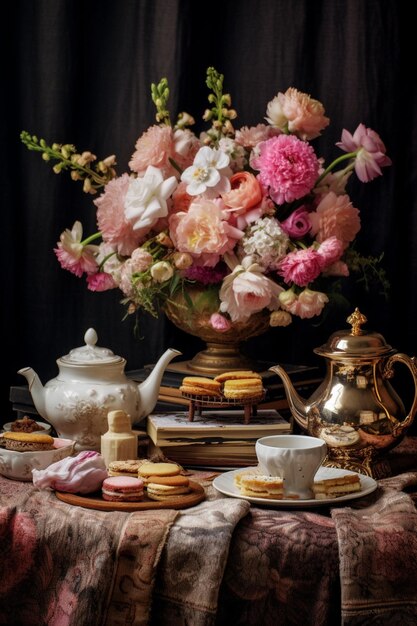 A table with a vase of flowers and a teapot with a teapot and a teapot with a bouquet of flowers.