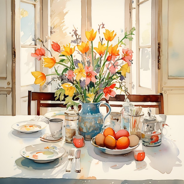 a table with a vase of flowers and a vase with flowers on it