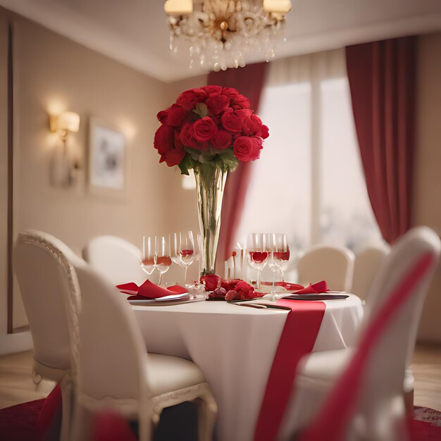 Photo a table with a vase of red roses and wine glasses on it