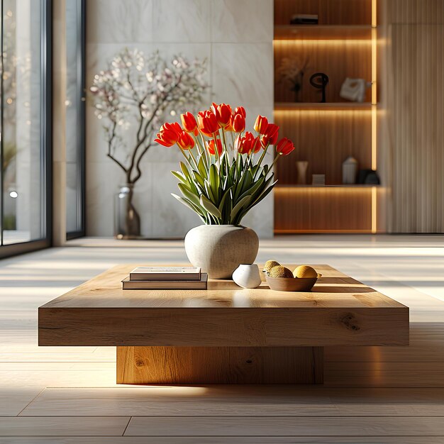 A table with a vase of red tulips