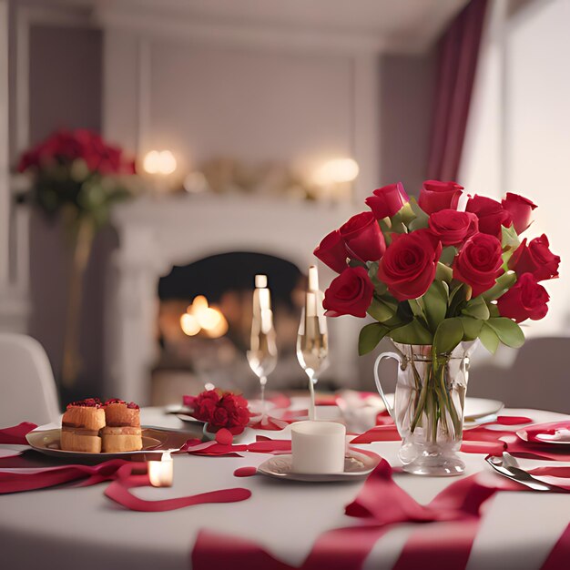 Photo a table with a vase of roses and candles on it