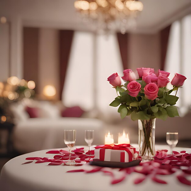 a table with a vase of roses and candles on it