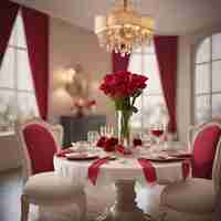 Photo a table with a vase of roses on it and a chandelier with red roses in the center