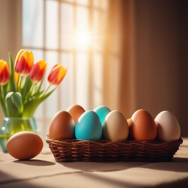 Table with vase of tulips colorful Easter eggs Basket of eggs and vase of tulips on kitchen table near window Happy Easter greeting card banner festive background Blurred background Copy space