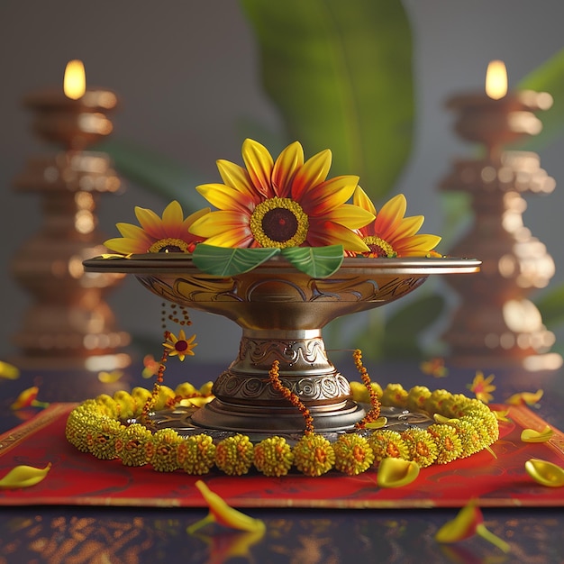 a table with a vase with flowers and candles on it