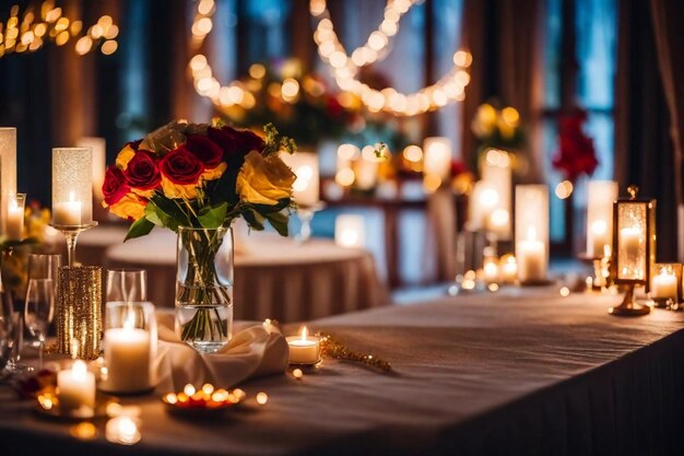 a table with a vase with flowers and candles on it