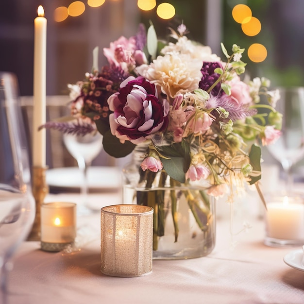 a table with a vase with flowers and candles on it