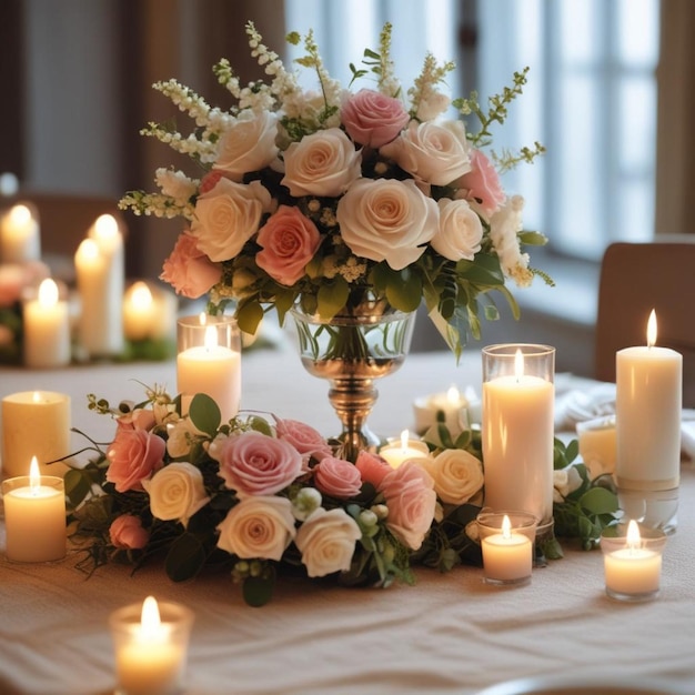 a table with a vase with flowers and candles on it