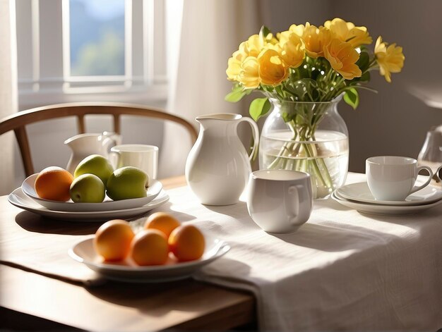 a table with a vase of yellow flowers and fruit on it and a plate of fruit on the table