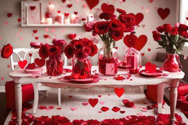Foto un tavolo con vasi di rose e cuori su di esso